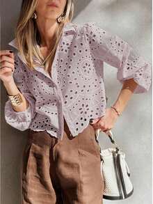 Solid Color Embroidered Ruffle Tie Front Vacation Shirt Pink Summer - Pink - View 6