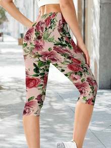 Roses Print Vintage Floral Yoga Capri Pants Red Pink Rose Casual Leisure Sports Yoga Pants For Womens Summer Outdoors - 彩色 - 查看 3