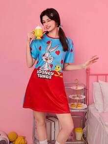 Noctvar OBM Sleepwear X LOONEY TUNES 崔弟愛心印花撞色短袖睡裙，女士寬鬆透氣羅紋棉質睡衣 - 彩色 - 查看 6