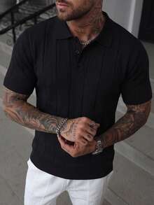 1pc Men's Solid Black Striped Polo Collar Short Sleeve Knit Sweater, New Summer Knitted Shirt With Buttons - Black - View 12