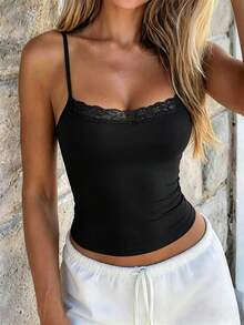 GAOVOT Women's Lace Patchwork Camisole, Sexy Fitted Y2K Style, Spring/Summer Casual Black - Black - View 3