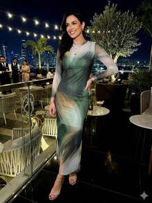 Elegant Women's Long Printed Tulle Dress With Side Slit And Long Sleeves - 薄荷綠 - 查看 2