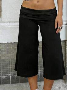 Gaucho Pants Women Fold Over Cropped Capri Pants Low Rise Wide Leg Yoga Capris Palazzo Culotte Stretch Bottoms - 黑色 - 查看 1