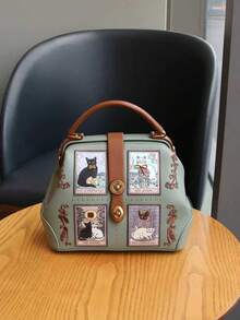 2026 New Arrival Niche Design Large Capacity Luxury Cute Cat Clip Bag, Exquisite Hardware & Embroidered Women Handbag, Retro Color Block Unique Shoulder Crossbody Bag - Multicolor - View 17