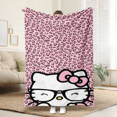 SANRIO 1 chiếc chăn nỉ in họa tiết da báo và Hello Kitty thoải mái, thiết kế dệt kim polyester mềm mại, sử dụng đa năng, có thể giặt máy, món quà lý tưởng cho gia đình, du lịch, ngoài trời, mọi mùa - Chăn ấm áp cho ghế sofa, giường, văn phòng, ô tô