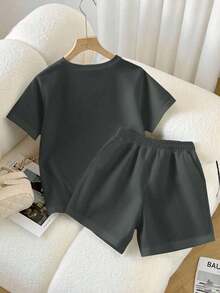 Conjunto de dos piezas casual  2026: camiseta cuello redondo + shorts con cordón color café, ideal para verano - Gris Oscuro - Ver 2