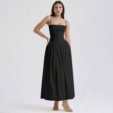 Women's Casual Elegant Black Deep V Neck Sleeveless Midi Dress With Flared Hem And Bodycon Cami Top, A Versatile Wardrobe Essential - 黑色 - 查看 1