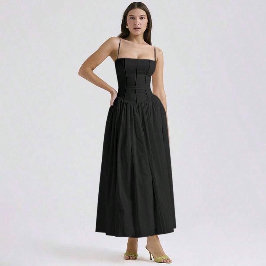 Women's Casual Elegant Black Deep V Neck Sleeveless Midi Dress With Flared Hem And Bodycon Cami Top, A Versatile Wardrobe Essential - 黑色 - 查看 1