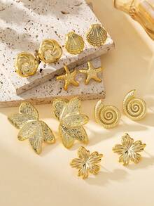 Fashionable Smooth Flower, Shell, Leaf Earrings Set, Suitable For Daily Wear And Party Occasions - Gold - View 4