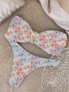 New Ditsy Floral Sexy Elegant Casual Beach Holiday Party Date Strapless Bikini Set, Spring/Summer Vacation - Multicolor - View 7