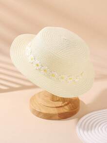 1pc Kids Girls' Daisy Decor Breathable Wide Brim Sun Hat, Children's Summer UV Protection Hat - Daisy - View 12