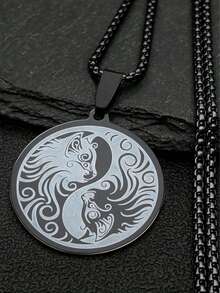 1pc Men's Stainless Steel Dragon & Phoenix Tai Chi Pendant Necklace, Versatile Accessory, Great Gift For Boyfriend Or Friend - Silver Black - View 7