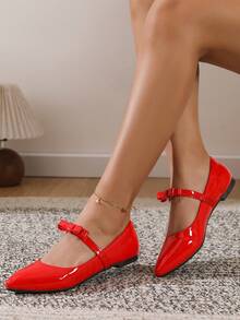 AKSKATE Women's Patent Leather Bow Pointed Toe Mary Jane Flats | Soft Sole Slip On Shoes | Ideal For Office, Commute, Date & Casual Daily Wear - Đỏ - Xem 3