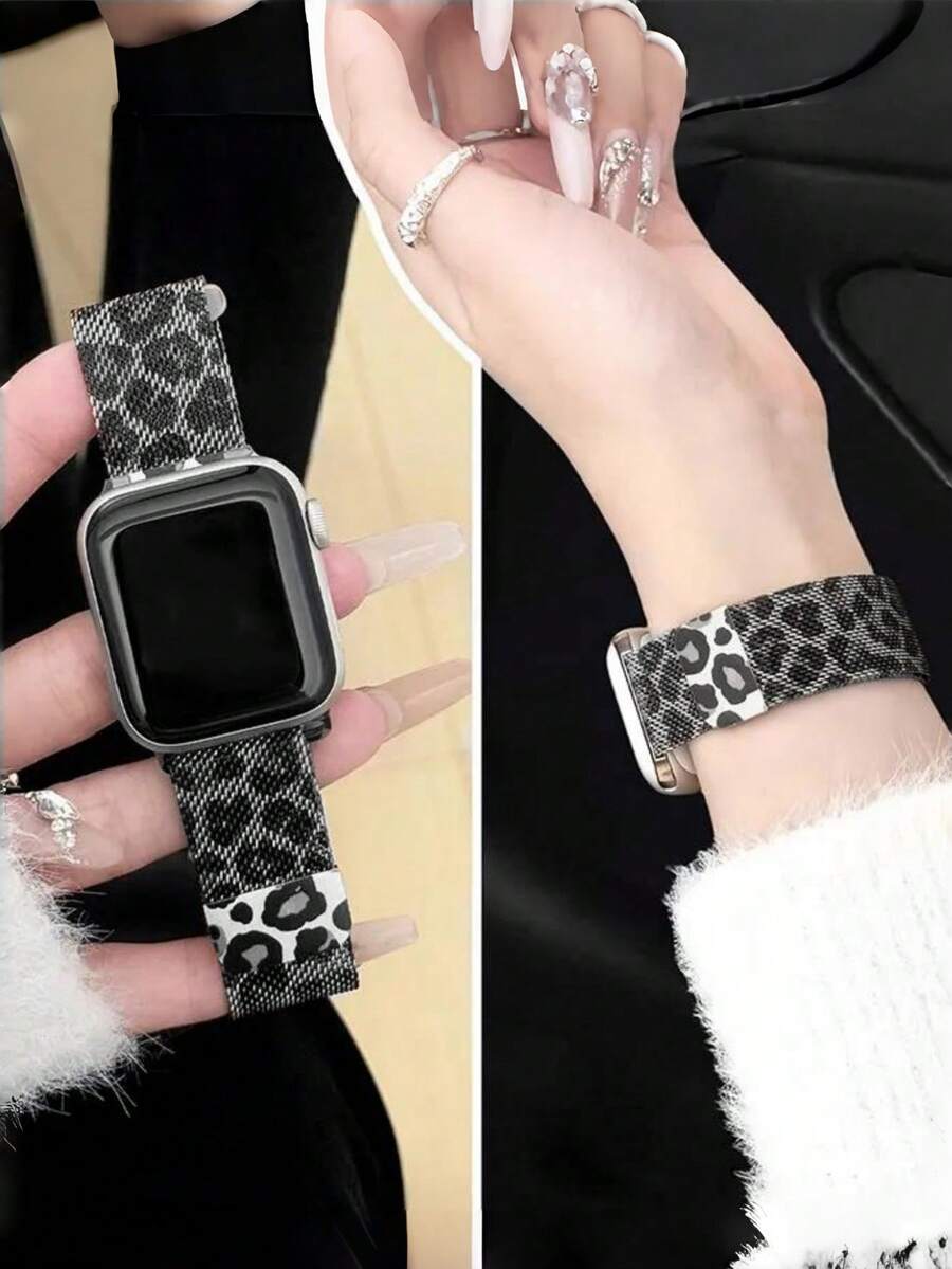 1件女款時尚豹紋不鏽鋼米蘭式磁吸錶帶，適用於Apple Watch 38mm 40mm 41mm 42mm 44mm 45mm 46mm 49mm，豹紋不鏽鋼錶帶適用於Apple Watch Series Ultra 3/2/1 11 10 9 8 7 SE3 6 5 4 3 2 1，智慧手錶錶帶