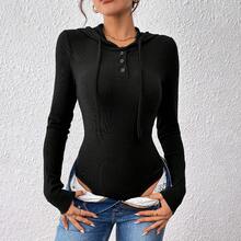 Fashionable Solid Color, Slim Fit Jumpsuit, New One-Piece Set With Hood And Ribbed Design For Autumn And Winter. - Grey - View 7