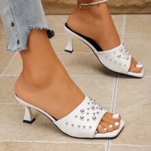 Women's Faux Pearl Studded Kitten Heel Mules, Square Toe Slip-On Sandals, White Party Stiletto Slide Sandals - White - View 3