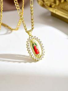 Women Gold Plated Oval Enamel Zirconia Inlaid Virgin Mary Pendant Necklace Religious Jewelry Luxury Golden Enamel Zirconia Virgin Mary Necklace Women Daily Fashion Accessory Fashion Enamel Zirconia Virgin Mary Necklace Women Religious Jewelry Gift - Yellow Gold - View 5