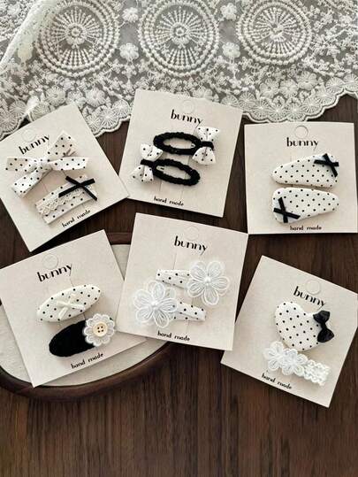 1 Set de Pinzas para el cabello con lazo de encaje a lunares en blanco y negro - Accesorios retro elegantes para el flequillo lateral, adecuados para trenzas, coletas, moños, decoración del cabello para bodas y fiestas, accesorios para el cabello de mujer, lunares, lazo, accesorios para festivales de música