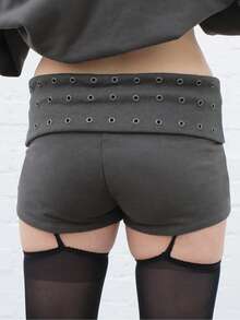 Womens Studded Fold Over Waist Shorts Y2k Low Waist Rivet Micro Shorts Slim Fit Boyshorts Goth Rave Costumes Mini Bottoms Casual Stylish Rivet Design Hot Pants Streetwear Party Clubwear - Xám - Xem 2