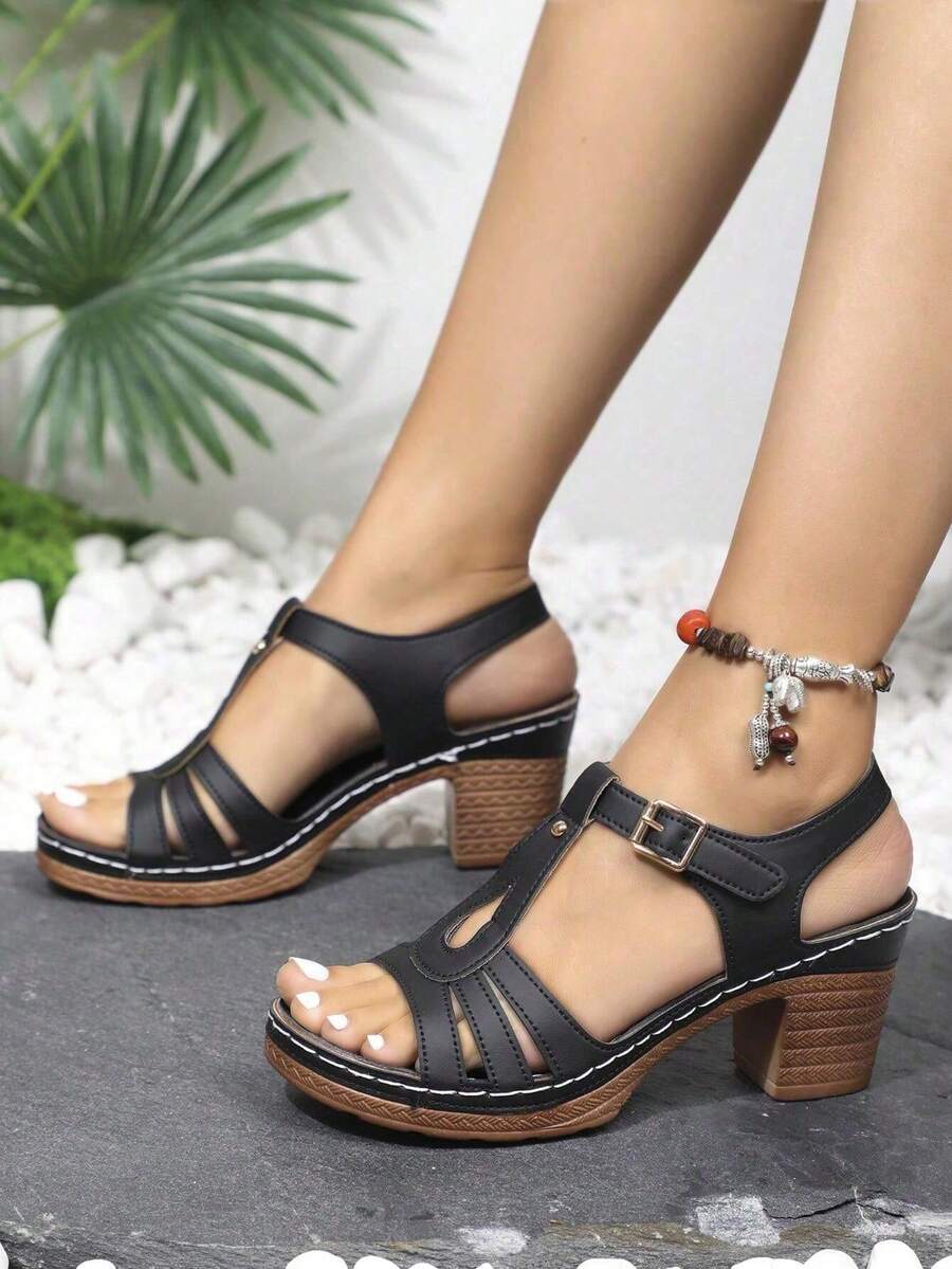Giày sandal nữ màu đen đế dày, cao vừa phải, kiểu dáng Hàn Quốc, quai đơn, đa năng, gót chunky, kiểu La Mã, hở mũi, đường may tinh tế, nhẹ, thoải mái, chống trơn trượt, cỡ lớn, thời trang.