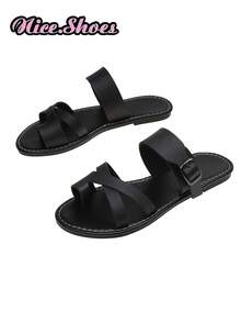 Summer New Arrival Criss-Cross Strap Buckle Flat Design, Casual Daily Commute & Beach Vacation, Minimalist Style Black & Brown Slide Sandals - Black - View 7