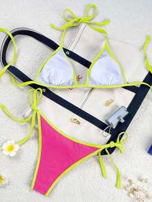 Traje de baño para mujer Swim Mod 2026 Primavera/Verano, con tirantes finos y cuello halter, en azul marino y amarillo en contraste, conjunto de bikini con lazo lateral para vacaciones. - Multicolor 2 - Ver 3