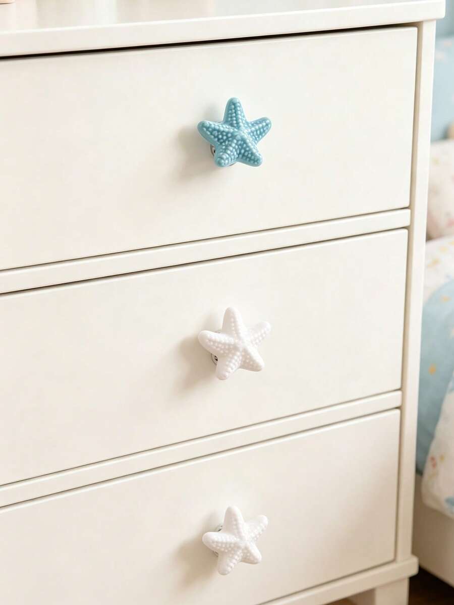 2pcs Cartoon Starfish Ceramic Drawer Cabinet Knobs, Children's Bedroom Wardrobe Decorative Starfish Pulls, Elegant Furniture Cabinet Door Handles, Kids Room Closet Drawer Ceramic Knobs - Multicolor - View 1