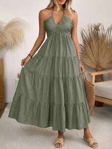 2026 Spring And Summer Cross Border Solid Color Hanging Neck Vacation Style Loose Long Skirt Fashion Backless Pullover Dress In Europe And America - 綠色 - 查看 1