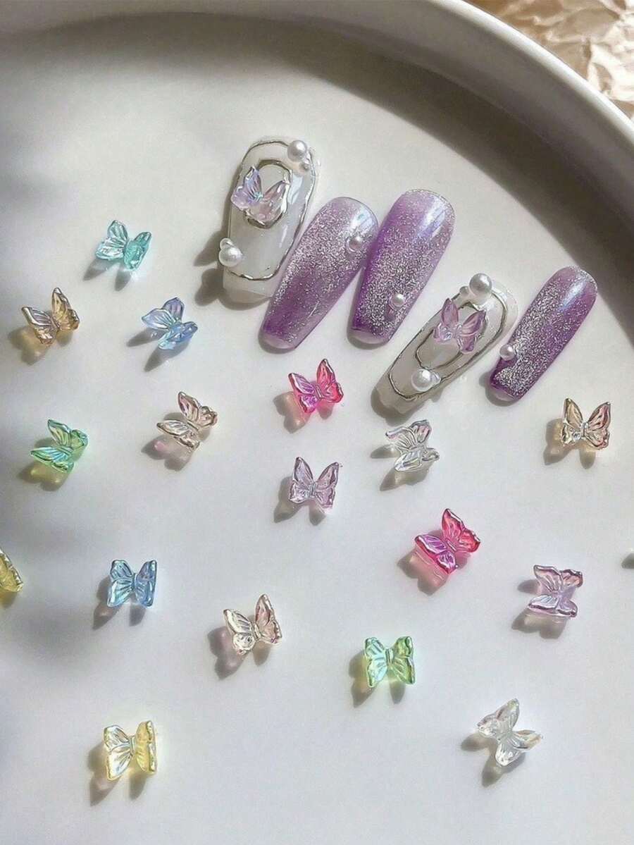10个3D极光蝴蝶美甲饰品，炫彩迷你树脂蝴蝶美甲装饰，混合色闪亮美甲用品，适合DIY美甲 - 彩色 - 查看 1