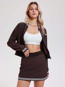 ZULIZ High Waist Tennis Skirt With Striped Hem - Brown - View 1