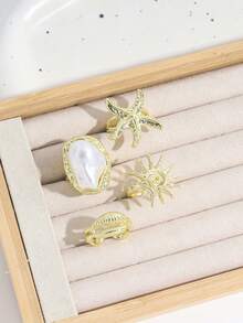 4pcs Ocean Life Seashell, Starfish, Swirl, Sun Baroque Pearl Shape Boho Vintage Style Gold Color Rings For Women - Gold - View 4