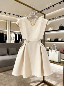 Vestido corto casual azul elegante y romántico para vacaciones y uso diario en el trabajo, vestido azul cielo, vestido azul primavera, vestido azul pastel, vestido azul bebé, vestido elegante para trabajo para mujer, vestido elegante, vestido de lujo para mujer, vestido casual de verano de alta calidad para mujer - Albaricoque - Ver 12