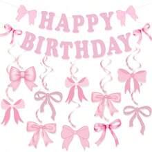 Pink & Blue Bow Sequin "Happy Birthday" Banner And Hanging Rotating Decor Set, Birthday Party Decorations - Pink and Blue Banners Hanging - View 5