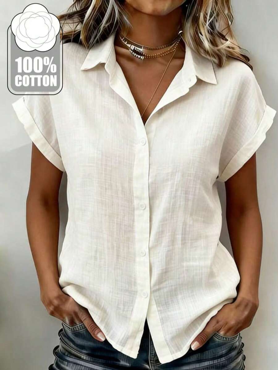 1 cămașă elegantă din bumbac, culoare solidă, pentru femei, potrivită pentru birou, acasă, naveta și ținute casual - alb - Vizualizare 1