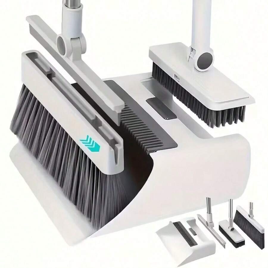 3-In-1 Broom And Dustpan Set, Combines Broom, Dustpan And Hidden Floor Brush, 180° Rotation For Thorough Cleaning, Auto-Retract Design To Prevent Leakage, Can Remove Hair Without Hand-Pulling, Foldable And Upright Storage To Save Space, Making Home Cleaning More Efficient And Convenient.