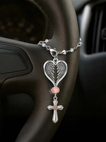 1pc Guardian Heart Wing Cross Pendant - Car/Steering Wheel/Handbag Charm, Silver Base With Pink Crystal Elegant Decor For Car Interior And Bag Accessories
