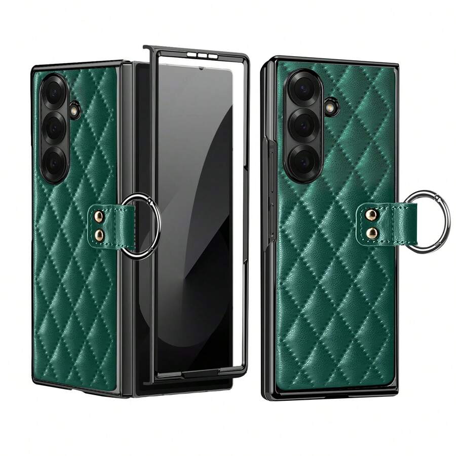 VIETAO 電鍍 PC 指環支架人造皮革手機殼,適用於 Galaxy Z Fold 3 4 5 6 7 8 Ultra 手機保護殼,附鋼化玻璃螢幕保護貼 - 綠色 - 查看 1
