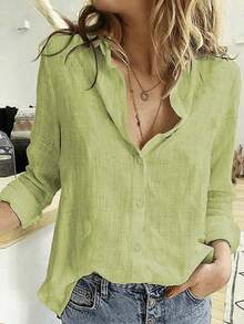 Camisa abotonada de color sólido, blusa elegante de manga larga con estampado floral y cuello, primavera - Verde Claro - Ver 3