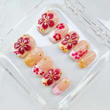 Nailposh 10 PCS Handmade Short Square Press-On Nails | Neon Green French Tip With 3D Clover & Star Accents - Đỏ - Xem 6