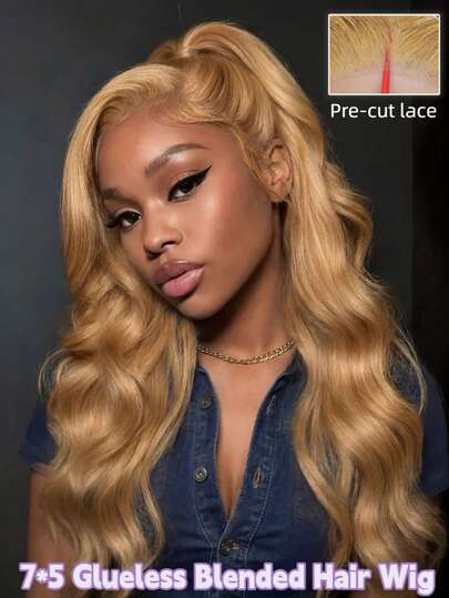 Tóc giả ren phía trước dạng sóng, không cần keo dán, kích thước 7"x5", chất liệu pha trộn tóc người, mật độ tóc 250%, đường chân tóc đã được tỉa sẵn, ren trong suốt, pha trộn tóc Brazil, ren HD, có tóc con, màu đen.