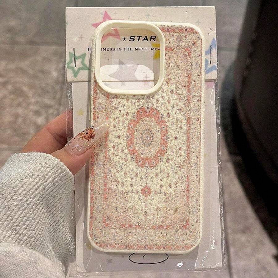 1pc TPU Material Soft Phone Case With Light Pink Persian Carpet Pattern, Compatible With Apple 17 Pro Max/17/16 Pro Max/15/13/12/11, S20 FE/A15/S24/A55, Note 11/12/13 Pro, Full Body Protective Cover - White - View 1