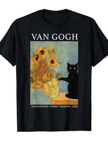 Camiseta de Arte de Van Gogh con Gato Negro y Girasoles para Hombre y Mujer - 100% Algodón, Cuello Redondo Suave, Camiseta Casual de Manga Corta (Tallas S-XXXL) - Regalo Único para Amantes del Arte, TALLAS GRANDES - Negro - Ver 2