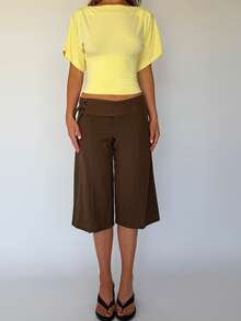 Women's Solid Color Boat Neck Batwing Sleeve Cinched Waist Crop Top Casual Slim Fit Ruched Short Sleeve Tee - 黃色 - 查看 2