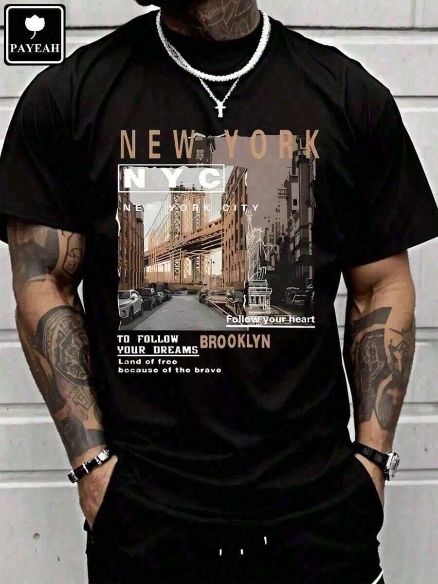 Casual Streetwear For Men, New York Brooklyn Street View, Fashionable T-Shirts, Casual Printed Short-Sleeved T-Shirts For Men - Basic Summer T-Shirts For Men (Sizes S-XXXL). Printed, Retro, Printed, Printed Shirts, Printed T-Shirts, T-Shirts, Printed T-Shirts, Western Style, Black Printed T-Shirts. Tops For Women Tops For Women - Black - View 1