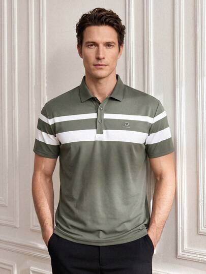 Officeau 男士夏季短袖 Polo 衫，条纹领，休闲商务风，军绿色，半开襟