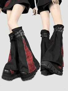 Y2K Punk Rock Style Black Leg Warmers With Red Plaid Patchwork, Adjustable Zipper Goth Subculture Leg Warmers - Black (can Be Worn Within Calf Circumference 38cm) - View 3
