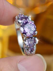 1 Stück 5-Stein runder lila kubischer Zirkonia Ring, silberfarben plattierter Verlobungsring, romantisches Geschenk für sie - Violett - Übersicht 5