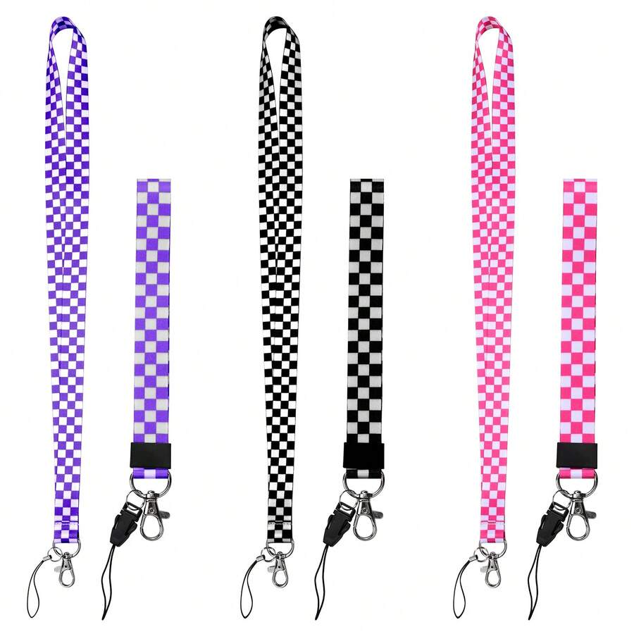 Minimalist Black, White, Pink, Purple, Grid Print Soft Skin-Friendly Lanyard, Versatile Fashion Necklace Strap For Camera, Cellphone, ID Card
