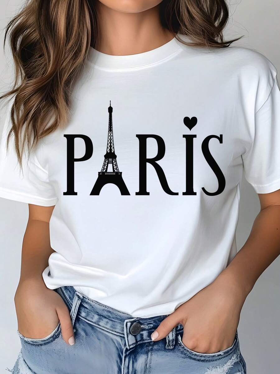 Camiseta con Estampado Gráfico de París para Mujer, Camiseta Casual de Manga Corta, 1 Pieza. Cuello Redondo Cómodo y de Tejido Grueso, Camiseta Suave y Bonita. - Blanco - Ver 1