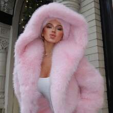 Oversized Hooded Faux Fox Fur Coat For Women, Pink Fluffy Open Front Jacket, Winter Warm Thick Fuzzy Outwear - Pink - View 2